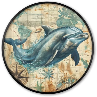 Poster in lijst Rond - Fotolijst 60x60 cm - Posters - Vintage - Dolfijn - Dieren - Watercolor - Blauw - Ronde posterlijst zwart - Decoratie - Wanddecoratie woonkamer - Muurdecoratie slaapkamer