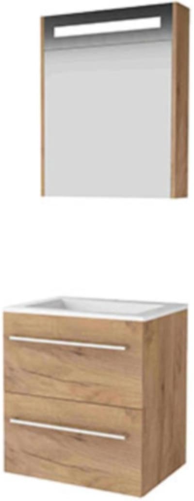 Basic-Line Premium 46 Badkamermeubelset - 60 x 46 cm - Met Grepen - 2 Lades - Acryl Wastafel - 1 Kraangat - Spiegelkast met LED Verlichting - Whisky Oak