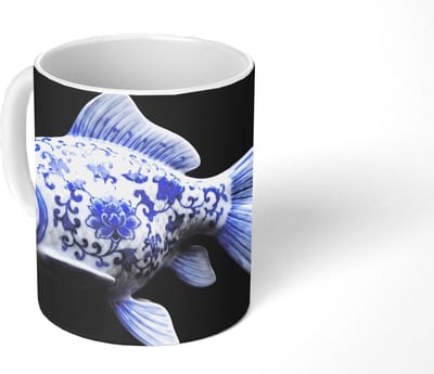 Mok - Koffiemok - Porselein - Goudvis - Delfts - Blauw - Mokken - 350 ML - Beker - Koffiemokken - Theemok