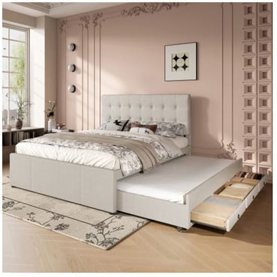 Tweepersoonsbed - MUVOE - 140x200 cm - Beige - Opberglades - Verstelbaar hoofdeinde beige