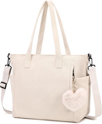 Famanu - Cord Tote Bag tas dames schoudertas grote shopper tas handtas schoudertas voor werk kantoor reizen winkelen school, Kleur: beige