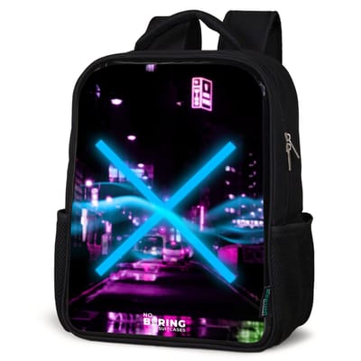 NoBoringSuitcases.com® - Rugzak zwart - Schooltas jongen & meisje - Felblauw kruis boven een nachtelijke straat - Rugtas voor school - Boekentas kind - Schoolrugzak - Kinderrugzak