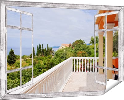 Gards Tuinposter Doorkijk Terras in Toscane - 150x100 cm - Tuindoek - Tuindecoratie - Wanddecoratie buiten - Tuinschilderij