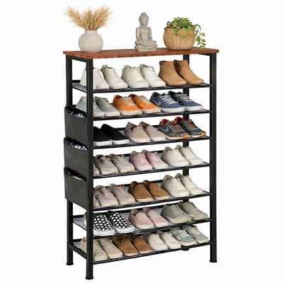 Schoenenrek 8 Lagen - Schoenenkast - Open Schoenenkast verstelbaar - Opbergrek - Hout & Metaal - voor 24-32 paar schoenen - Bruin Zwart - 75 x 30 x 137 cm