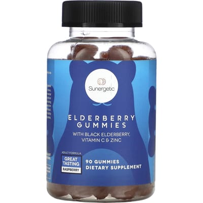 Sunergetic, vlierbessen gummies, zwarte vlierbes, vitamine C en zink, frambozensmaak, 90 gummies