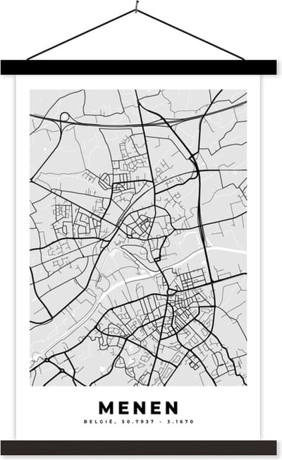 Posterhanger incl. Poster 40x60 cm - Schoolplaat - Stadskaart – Zwart Wit - Kaart – Menen – België – Plattegrond - Textielposter - Zwarte latten - Stadskaart