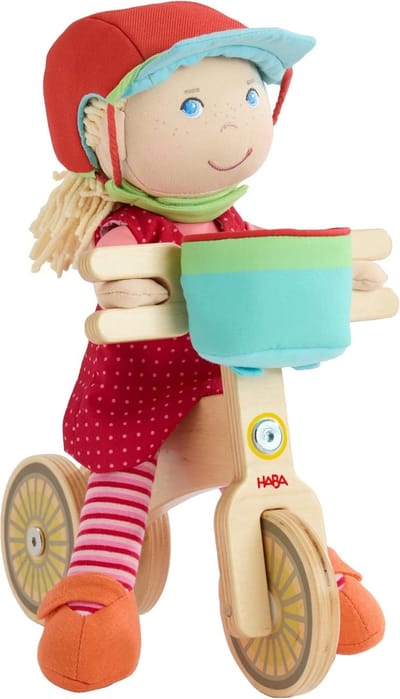 Loopfiets met pop - Houten fiets - Buiten spelen - Dubbel wiel - 25 x 33 x 16 cm - Meerkleurig