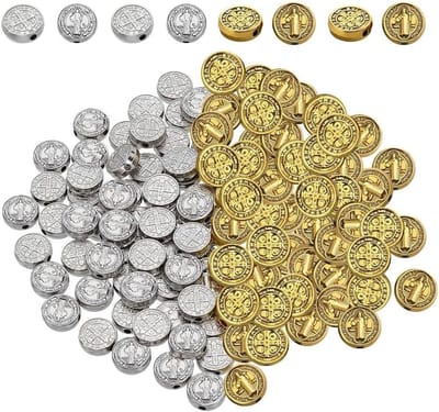 120 stuks platte ronde Tibetaanse stijl dubbelzijdige kruisafstandskralen voor sieraden maken, antieke gouden en platina legering, 9 x 3,5 mm, perfect voor DIY ambachten en creatief ontwerp