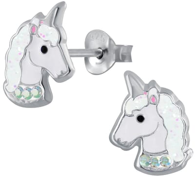 Joy|S - Zilveren eenhoorn oorbellen - unicorn oorknoppen - wit