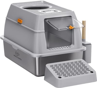 Jake and Jacky RVS Kattenbak Hop In - Kattentoilet Roestvrijstaal - Incl. Kattenbakschep met Houder en Gritopvang Opstapje - Top Entry - 3 in 1 Open Kattenbak met Afneembare Deksel - 60x40x38cm - Grijs