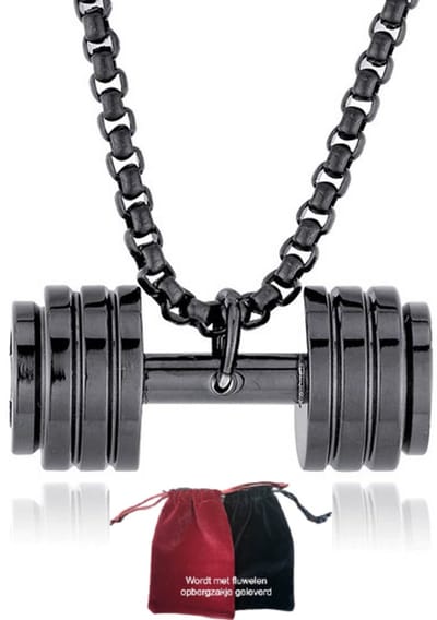 My Sweet Romance® – Halsketting met Dumbbell – Fitness ketting | Dumbell sieraad | krachttraining-Zwart – 60 cm – RVS – Bedel 37 x 14 mm