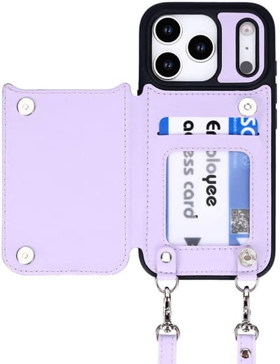 CaseBoutique Backcase hoesje geschikt voor iPhone 17 Pro Max - Effen Lila - Kunstleer - Crossbody Hoesje Koord - Pasjeshouder voor 3 passen - Ritsvakje