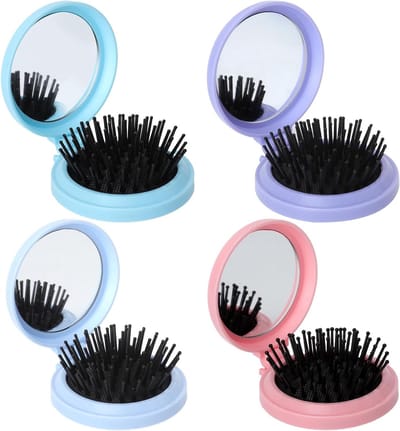 Mini Haarborstel met Spiegel - Vouwbare Reisborstel, Draagbare Haarborstel en Massagekam voor Vrouwen en Meisjes (Roze, Blauw, Groen, Paars) - Ideaal voor Thuis en Op Reis