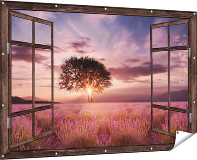 Gards Tuinposter Doorkijk Bloemenveld met Lavendel bij Zonsondergang - 180x120 cm - Tuindoek - Tuindecoratie - Wanddecoratie buiten - Tuinschilderij