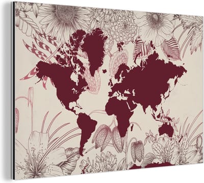 Aluminium schilderij 150x100 cm - Wanddecoratie metaal - Wereldkaart - Rood - Bloemen - Metalen muurdecoratie woonkamer - Decoratie industrieel - Foto op dibond - Industriële accessoires slaapkamer