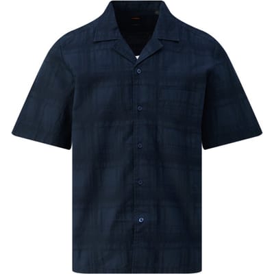 Donkerblauw geruite doorknoop polo BOSS Orange Rayer reverskraag
