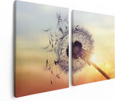 Artaza Canvas Schilderij Tweeluik Paardenbloem Tijdens Zonsondergang - 120x80 - Foto Op Canvas - Canvas Print