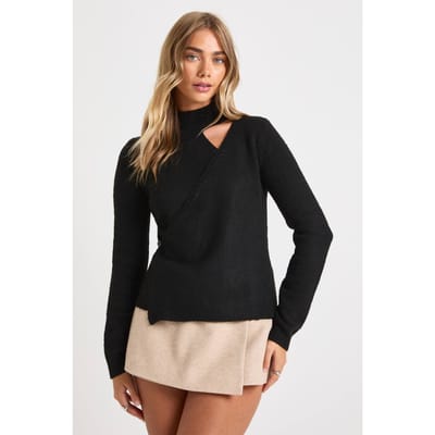 boohoo Dames Gebreide trui met hoge kraag en wrap-details | Black | Maat: Small