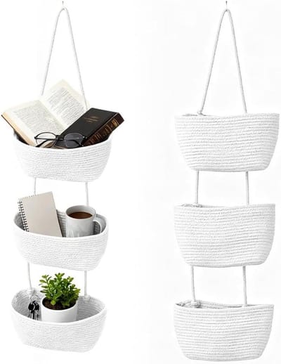 SnelShoppen - Multifunctionele Hang Organizer met 3 Niveaus, Gevlochten Mand, Wandopberger, Wandhangende Opbergtas voor Badkamer, Kinderkamer, Slaapka