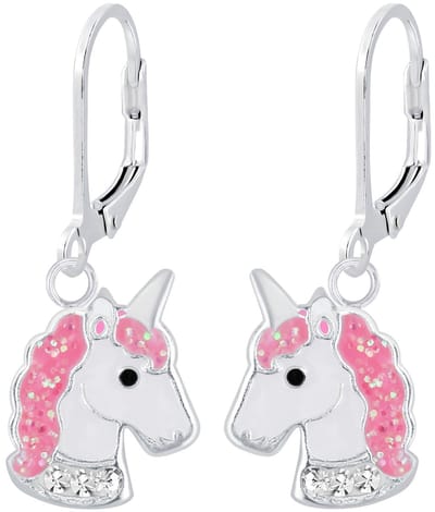 Joy|S - Zilveren eenhoorn oorbellen - unicorn wit roze - leverback sluiting