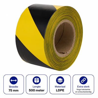 Afzetlint Geel/Zwart - 500 Meter - Waarschuwingslint / Veiligheidslint - Markeringslint Inclusief Dispenserdoos - Voor Gevarenzones & Bouwplaatsen | Propacker