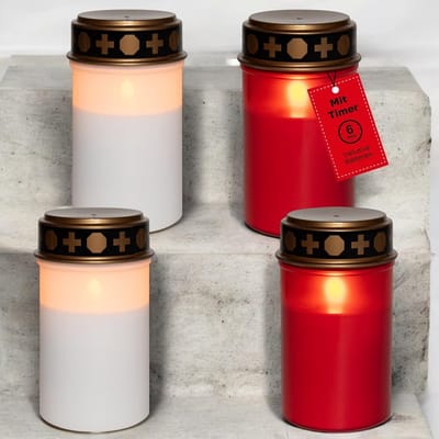 Novaliv 4 stuks graflichten LED met batterij en timer 6/18 graflichten wit en rood langdurige graflamp LED-kaarsen flikkerende vlam grafkaars gedenkkaars graflantaarn eeuwig licht rouwkaars