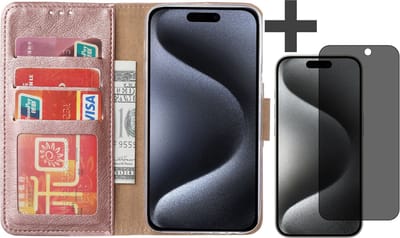 Hoesje met Privacy Screenprotector Geschikt voor iPhone 15 Pro Max – Arara bookcase met pasjeshouder - Rosegoud