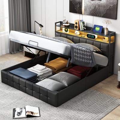Gasveringbed 140x200 cm met ledverlichting in het hoofdeinde, zwarte lederen bekleding en geïntegreerde stopcontacten voor de moderne slaapkamer