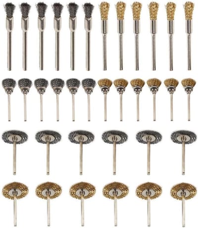MK Stoer - Staaldraad Wiel Borstel Set Polijsten - Reinigen - Messing - Rotary Tool - Polijsten Borstel - Set - 36 Stuks - Geschikt voor - Reinigen en Polijsten - Rood - Volledige Kit Voor Rotary Tools.