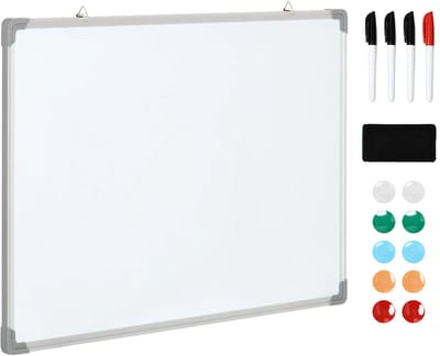Pugsdrly Whiteboard, magneetbord, notitiebord, inclusief accessoires, 4 stiften, 1 spons, 10 magneten, wit + zilver