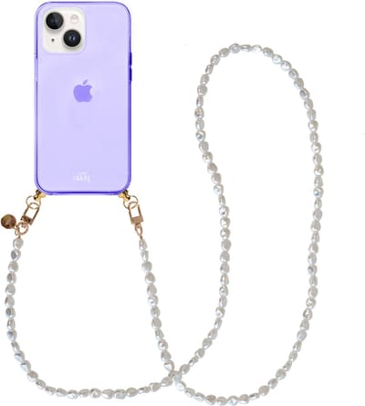 xoxo Wildhearts silicone case met koord - Paars telefoonhoesje met koord - telefoonketting - Pearlfection - long - Cord Case - geschikt voor Apple iPhone 13 - Parelketting lang