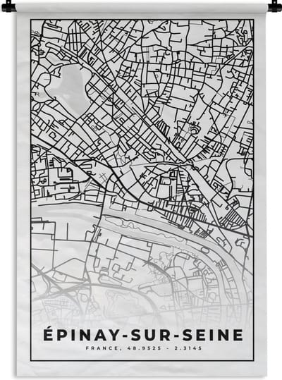Wandkleed - Wanddoek - Stadskaart - Plattegrond - Kaart - Frankrijk - Épinay-sur-Seine - Zwart wit - 120x180 cm - Wandtapijt