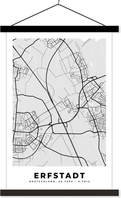 Posterhanger incl. Poster 40x60 cm - Schoolplaat - Duitsland - Stadskaart - Plattegrond - Erfstadt - Kaart - Textielposter - Zwarte latten - Stadskaart