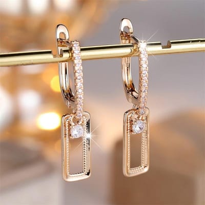 Boucles d'oreilles pendantes rectangulaires avec pierre ronde en zircone cubique blanche pour femmes, boucles d'oreilles dorées vintage, bijoux de mariage, cadeau d'anniversaire gray