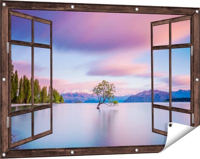 Gards Tuinposter Doorkijk Wanaka Boom in het Water bij Zonsopgang - 120x80 cm - Tuindoek - Tuindecoratie - Wanddecoratie buiten - Tuinschilderij