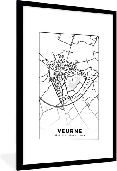 Fotolijst incl. Poster Zwart Wit- België – Veurne – Stadskaart – Kaart – Zwart Wit – Plattegrond - 60x90 cm - Posterlijst