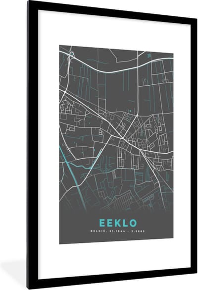 Fotolijst incl. Poster - België – Eeklo – Stadskaart – Kaart – Blauw – Plattegrond - 60x90 cm - Posterlijst
