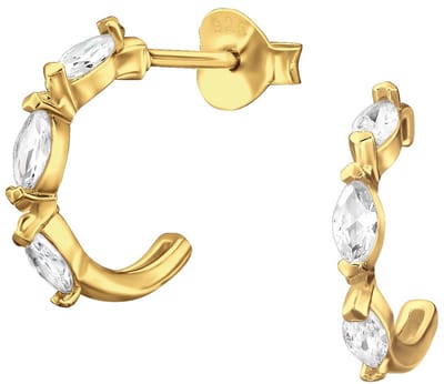 Joy|S - Zilveren oorringen 13 mm stud - ovaal / marquise geslepen zirkonia oorbellen - gold plated