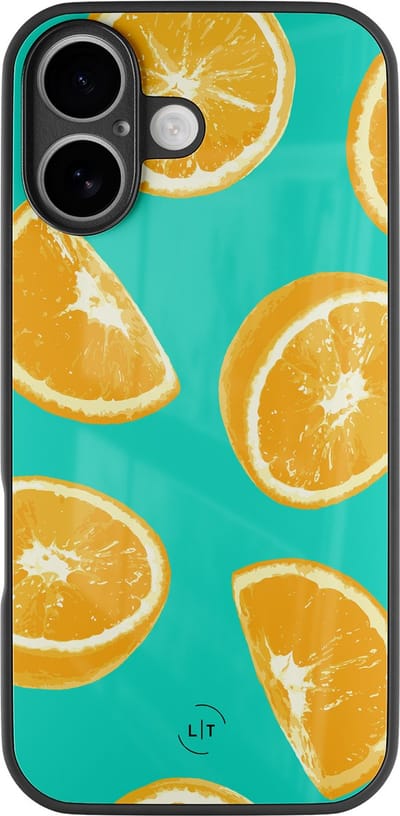 Hoesje geschikt voor iPhone 17 - Fresh oranges - Luxe Glazen Hardcase - Hippe print - Blauw, Oranje - Leuke Telefoonhoesjes