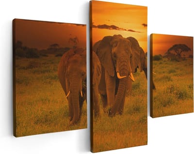 Artaza Canvas Schilderij Drieluik Olifanten In Het Wild - Zonsondergang - 90x60 - Foto Op Canvas - Canvas Print
