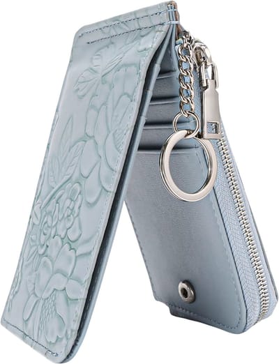 Dames Portemonnee met Rits en Sleutelhanger – Grote Dames Portefeuille met Meerdere Kaartsleuven en Muntvak - Stijlvolle Wallet met Reliëf Design en Kaarthouder - Blauw