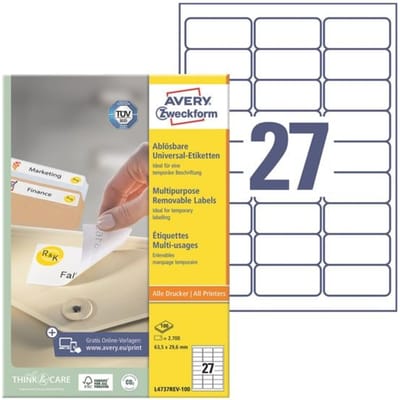 Avery-Zweckform L4737REV-100 Universele etiketten 63.5 x 29.6 mm Papier Wit 2700 stuk(s) Weer verwijderbaar Inkjet, Laser (zwart/wit), Laser (kleur),