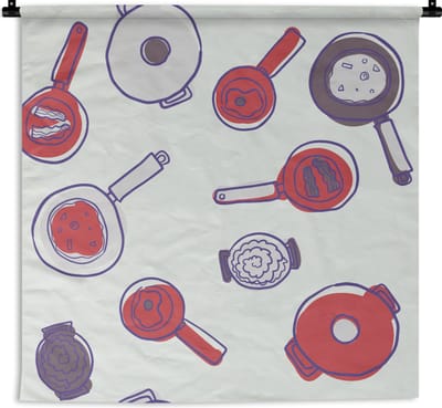 Wandkleed - Wanddoek - Patroon - Koken - Pan - Eten - 90x90 cm - Wandtapijt