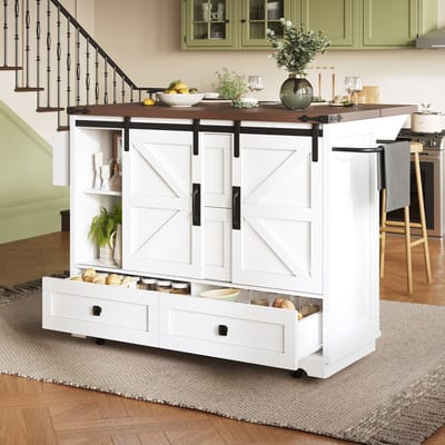 MODENUIT Keukenwagen - Uitklapbaar Werkblad En Schuifdeuren - Voor Keuken - MDF Wit - 142,5x73x92,5 Cm