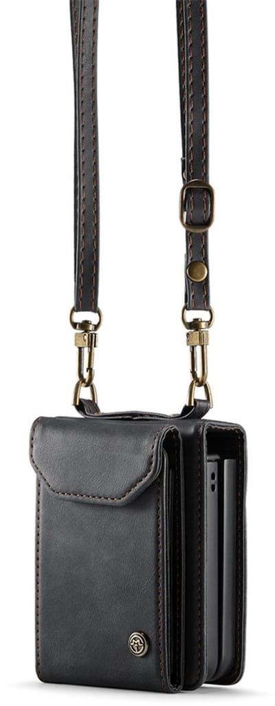 CaseMania Bookcase hoesje geschikt voor Samsung Galaxy Z Flip 7 - Effen Zwart - Kunstleer - Incl. Verstelbaar Crossbody Koord én Polsbandje | 3 Ruime Pas Vakjes