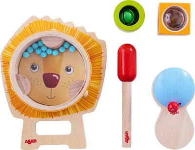 Klankspel Set - Muziek Speelgoed - Ritme Leren - 3-in-1 Leeuw Trommel - 23.3 x 15.3 x 6.3 cm - Houtkleur