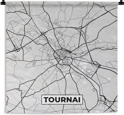 Wandkleed - Wanddoek - Zwart Wit – België – Plattegrond – Stadskaart – Kaart – Tournai - 150x150 cm - Wandtapijt