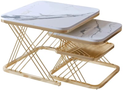 Archi Set van 2 Salontafels – Bijzettafel - Wit Marmerlook Tafelblad – Gouden Metalen Frame – Modern Luxe Design
