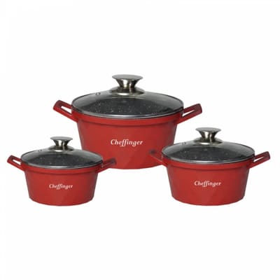 Cheffinger Pannenset - Diamond Line - 6-delig - 20, 24 & 28 cm - Rood