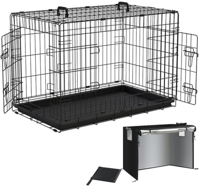 Famanu - Hondenkooi met deksel, dubbele deuren, handgrepen en vloertray, 92 x 58 x 64 cm, zwart